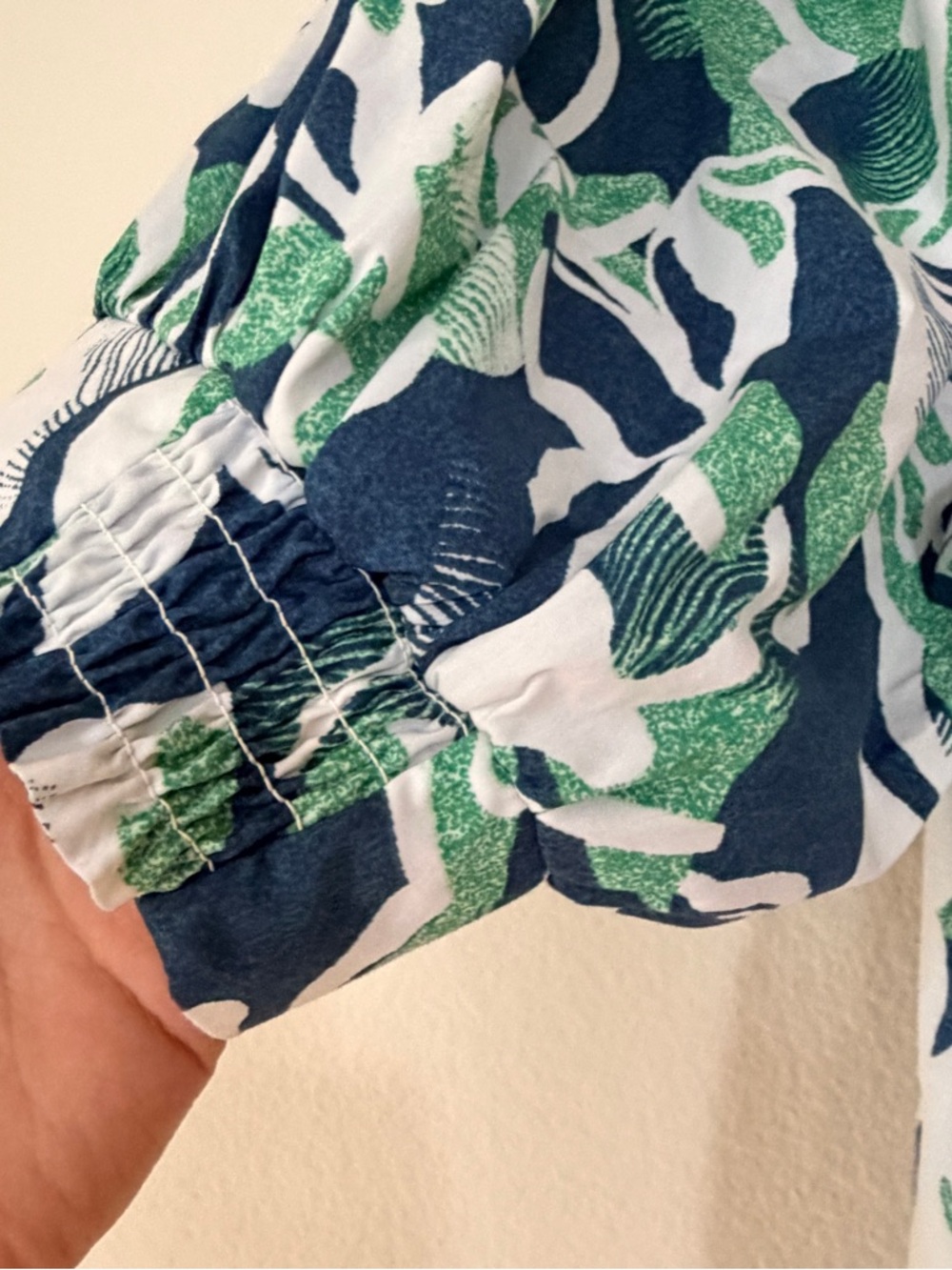 Chico’s Blue Green Floral Cotton Blouse XL Puff Sleeve Square Neck Stretch Top - Picture 8 of 9